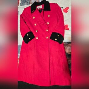 Rothschild Bright Red Double-Breasted Pea Coat with Black Trim